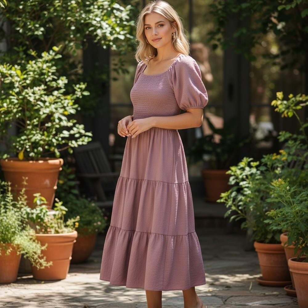 Bohme Tiered Midi Dress Women M Mauve Smocked Cottagecore Romantic Boho Prairie